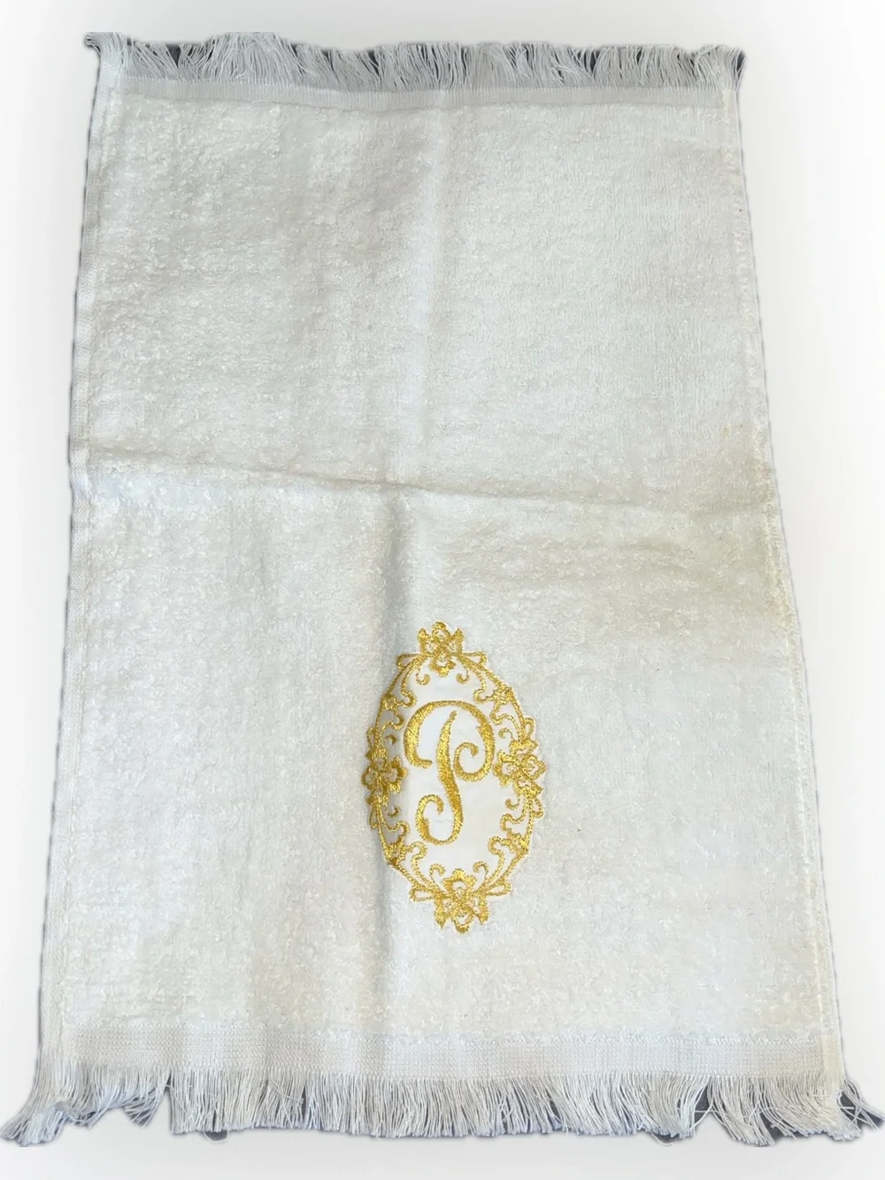 New Vintage 1960s Cannon White Towel Monogram Gold “P” Fringed Ends Bath